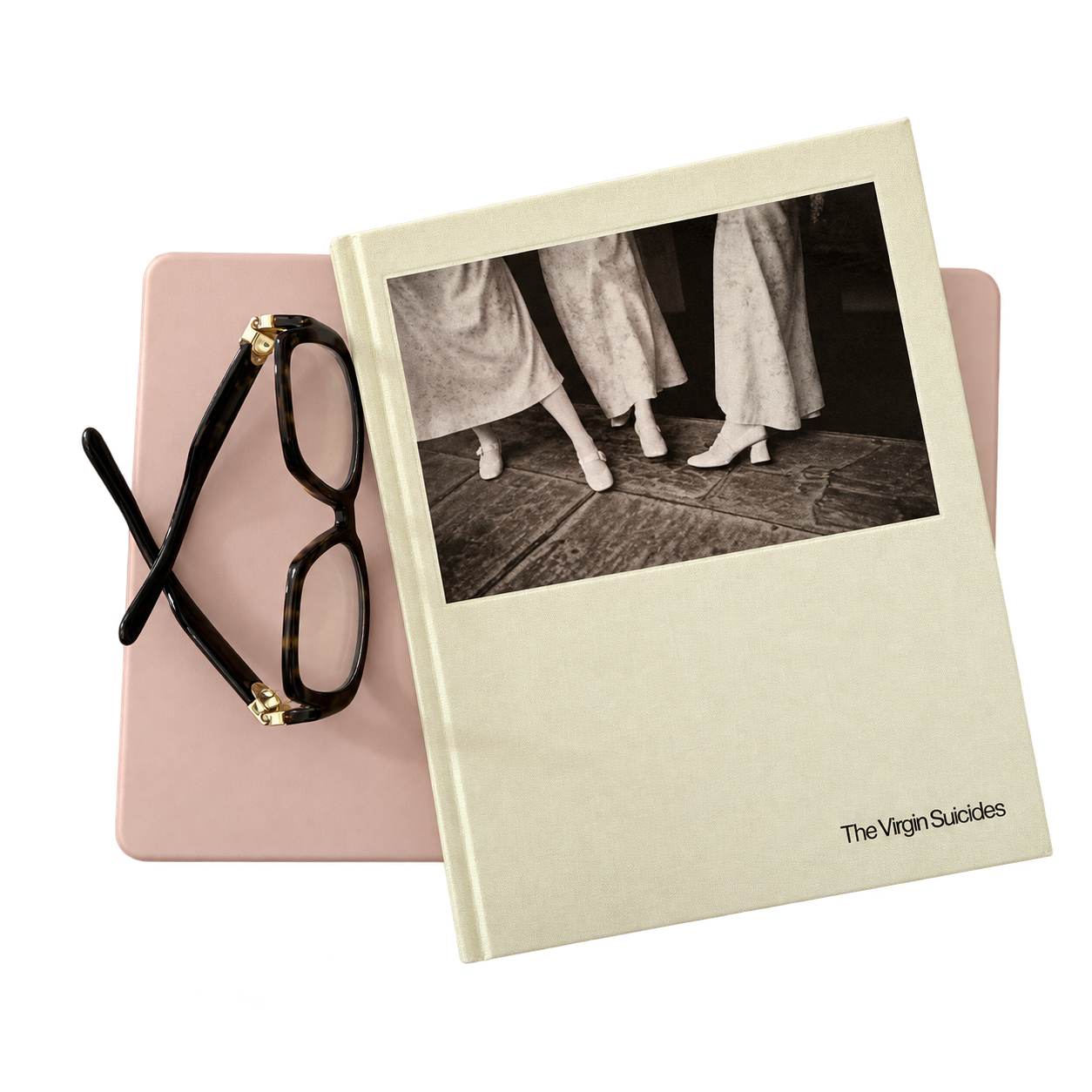 Вырезка: книга, розовый блокнот и чёрные очки